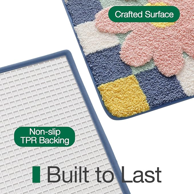 LUMI Bathroom Rug 24x36, Soft Absorbent Microfiber Bath Mats, Machine Washable Bath Rugs with Non-Slip Backing, Checkered Design Floor Mat for Bathroom, Shower and Bathtub Floor, Grid Flower