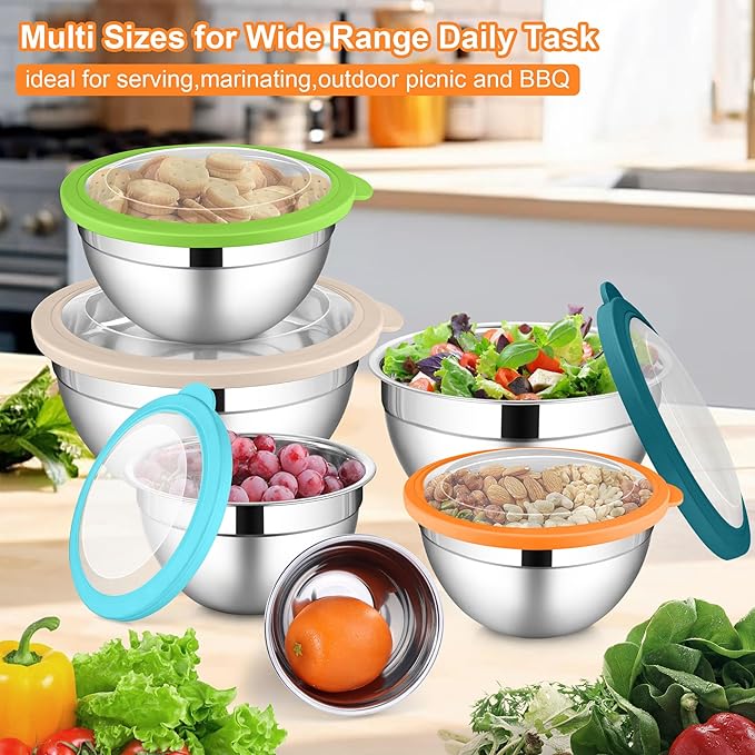 LIANYU Mixing Bowls with Visible Lid Sets of 6, Stainless Steel Metal Salad Nesting Bowls, Large & Small 7, 3.5, 2.5, 2, 1.5, 1QT Size For Kitchen, Baking, Storage, Food Prepping, Serving, Multi-Color