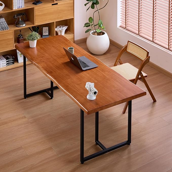 Solid Wood Administrative Desk, Dining Table with Durable Metal Legs, Uniquely Designed Leisure Table, Perfect for Restaurants and Home Offices, (Wood Brown, 70.87in)