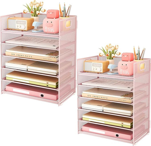 Subekyu 6-Tier Desk Paper Organizer, Desktop File Letter Tray with Handle, Document Sorter and Accessories Holder for Office, Home and School Workspace Organizers, Pink-2 Pack