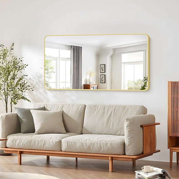 55x30 Inch Gold Bathroom Mirror, Metal Framed Gold Rectangle Mirrors, Rounded Rectangular Vanity Mirror, Large Wall Mounted Mirrors for Living Room Bedroom Entryway Hangs Horizontal or Vertical