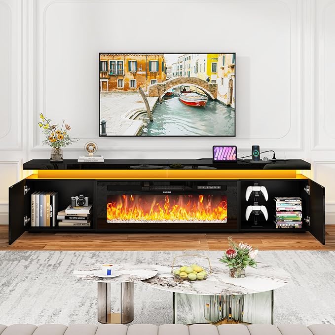 Fireplace TV Stand for 95" TV, 83" LED TV Stand with 40" Electric Fireplace & Power Outlet, High Gloss Surface, 2 Storage Cabinet, Modern Style (83 Inch, Black