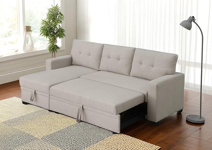 82 Inch Convertible Sleeper Sectional Sofa with Storage Chaise and Pull-Out Bed, Linen Upholstered Reversible Corner Couch, Modular L Shaped Couches for Living Room, Home Furniture, Beige