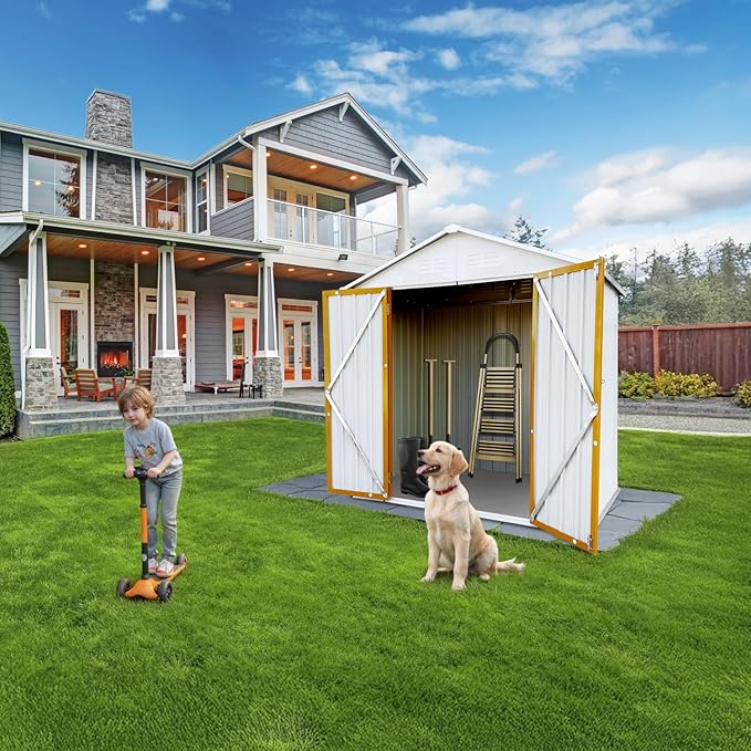 6 x 4 FT Outdoor Storage Metal Shed, Bike Garden Tool Shed with Slooping Roof, Lockable Doors and Aluminum Frames, Shed Easy to Assemble for Garden, Patio, Lawn, White+Yellow