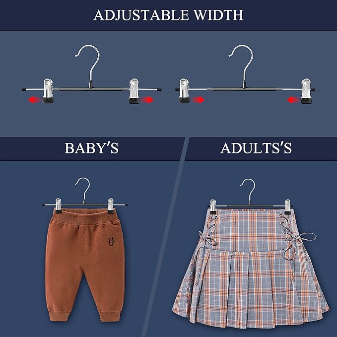 14Inch Black Pants Hangers with Clips for Women 10 Pack Adjustable Heavy Duty Space Saving Skirt Hangers Non-Slip Trousers, Jeans Clothes,Shorts