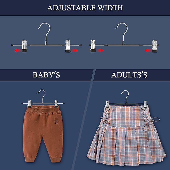 14Inch Black Pants Hangers with Clips 20 Pack Adjustable Skirt Hangers for Women Non-Slip Trousers,Shorts Hanger for Jeans Clothes Hangers for Pants Heavy Duty Space Saving