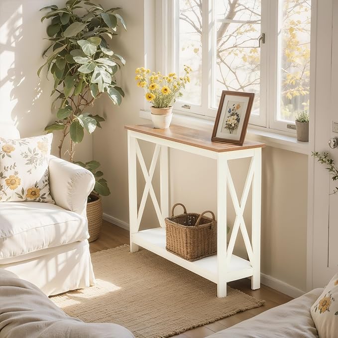 ALPHA HOME Console Table for Entryway, 2 Tier Storage Shelf Farmhouse Entryway Table, X-Shaped Design Narrow Sofa Table for Hallway, Living Room, Ivory