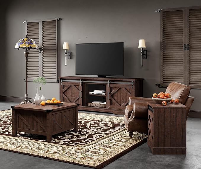 WAMPAT Modern Farmhouse TV Stand for TVs up to 75 inch with Sliding Barn Door,Wood Entertainment Center with Adjustable Media Storage Shelf for Living Room, Rustic Brown