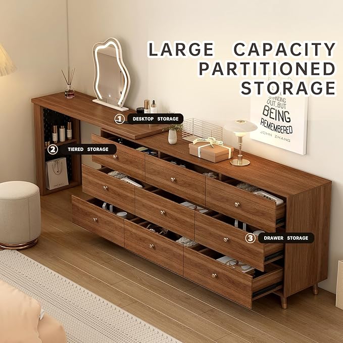 Makeup Vanity Desk with Cloud HD Lighted Mirror,70-110in Extendable Modern Vanity Table, 9-Drawer Solid Wood Frame Storage Cabinet, Dressing Table for Bedroom, Brown