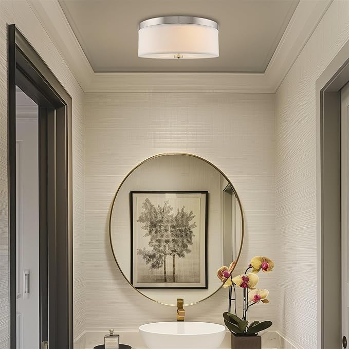 Kira Home Walker 15" Mid-Century Modern 3-Light Flush Mount Ceiling Light, White Fabric Shade + Round Glass Diffuser, Brushed Nickel Finish