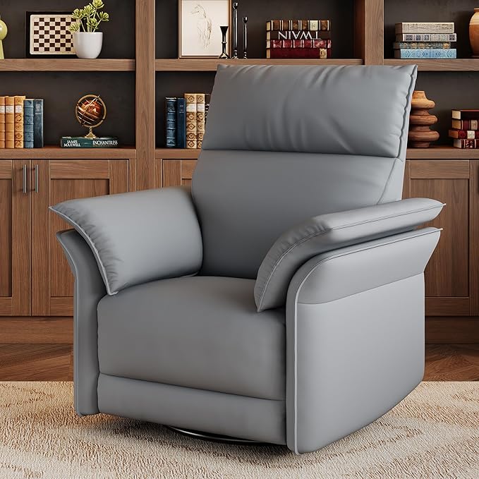 GarveeHome Power Recliner Chair Swivel Glider Upholstered Faux Leather Nursery Rocker Reclining Sofa Chair with Charging Port, Curved Armrests & Padded Backrest (Gray)
