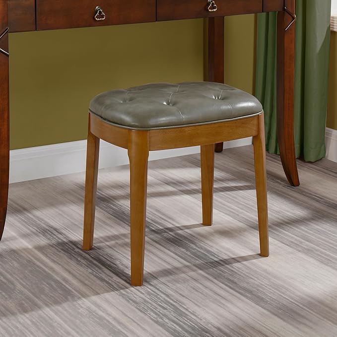 Solid Wood Button Tufted Vanity Stool, Ottoman with Wood Legs & Padded Seat PU Leather Upholstered Piano Bench with Non-Slip Foot Pads Accent Stool for Bedroom Entryway, Grey