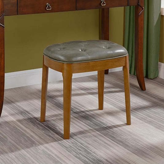Solid Wood Button Tufted Vanity Stool, Ottoman with Wood Legs & Padded Seat PU Leather Upholstered Piano Bench with Non-Slip Foot Pads Accent Stool for Bedroom Entryway, Grey