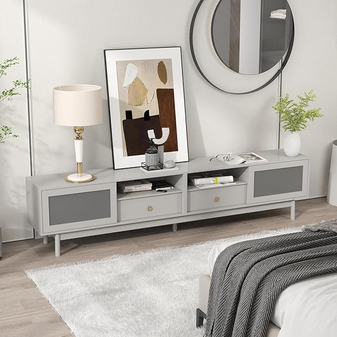 Bonzy Home TV Stand with Storage for 80 Inch TV, Modern Entertainment Center with Glass Doors and 2 Drawers, 86.6" Long TV Console for Living Room, Grey