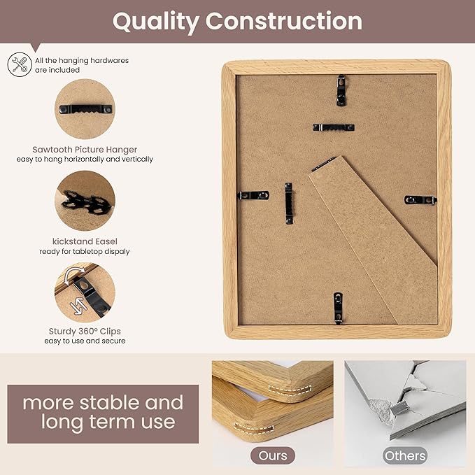 8x10 Picture Frame - Solid Oak Wood 8 x 10 Photo Frame, 8''x10'' Frame With Mat For 5x7, Tabletop and Wall Display, Hanging Hardware Included, 8 By 10 Picture Frame Wood, Natural Oak