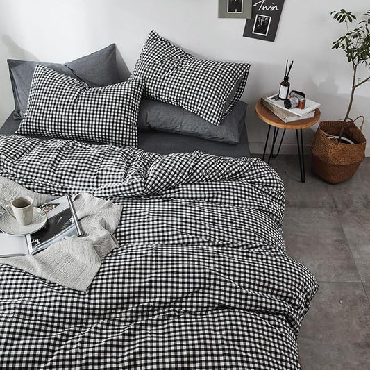 mixinni Black Gingham Comforter Set Twin XL, Plaid Comforter Set 3 Pieces 1 Black Grid Comfoter with 2 Pillow Cases for All Seasons, Soft Fluffy Modern Grid Pattern Printed Bedding-Twin XL Size