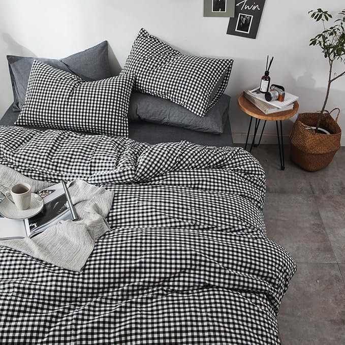 mixinni Black Gingham Comforter Set Full, Plaid Comforter Set 3 Pieces 1 Black Grid Comfoter with 2 Pillow Cases for All Seasons, Soft Fluffy Modern Grid Pattern Printed Bedding-Full Size
