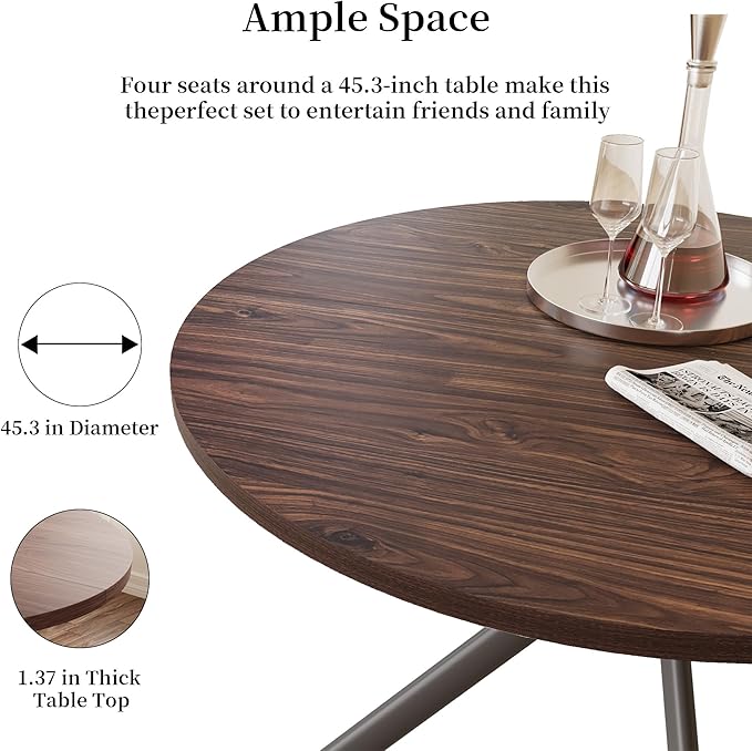 45.3 Inch Modern Round Dining Table for 4, Space-Saving Dinette with Carbon Steel Legs for Home Kitchen Apartment(Walnut Table)