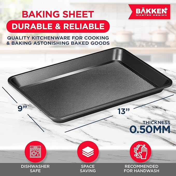 BAKKEN Kitchen Baking Pans - Nonstick Gray Coating, 13.58’’ × 9.65’’ Commercial Grade Carbon Steel Cookie Sheet, Diamond Texture Bottom, PFOA, PFOS, PTFE Free, Oven Safe Tray (450°F), Gray