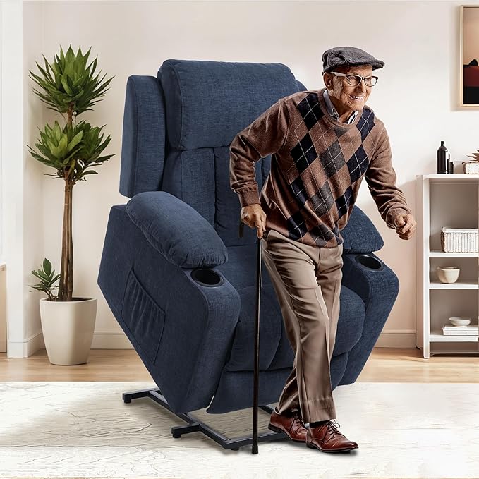 FLEXISPOT XL31 Power Lift Recliner Chair for Elderly, Electric Lift Chair with Massage & Heat, Corduroy Reclining Sofa w/Cup Holders, Side Pockets for Living Room Bedroom(Medium Size,Royal Blue)