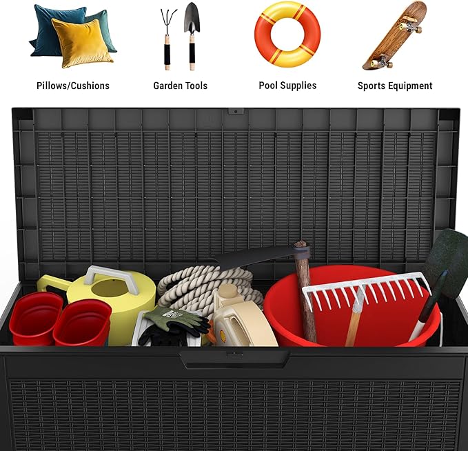 Mars Villa 60 Gallon Outdoor Storage Bench, Deck Box Waterproof Outside Resin Storage Bin for Outdoor Patio Furniture Cushions, Pool Supplies, Garden Tools, UV-Resistant and Weatherproof, Rattan Black