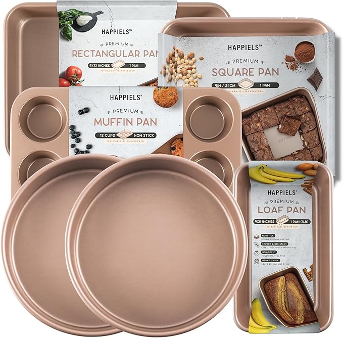 Passionate Baker PFOA free Nonstick Baking Pans Bundle of 6 items: 9 inch Round Cake Pans, 9 x 13 inch Cake Baking Pan, Square, Loaf, Muffin Tin