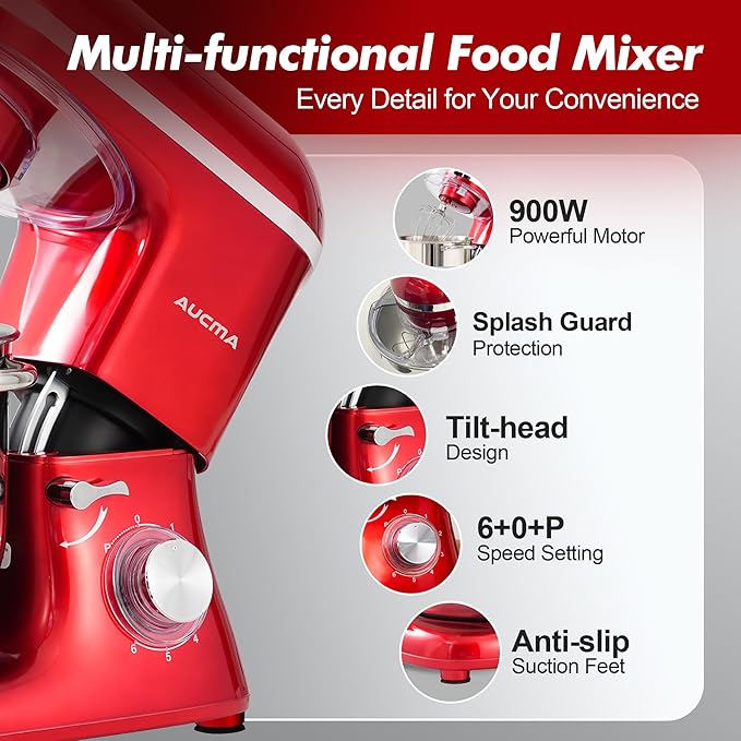 Aucma Stand Mixer, 900W 8QT Large Kitchen Mixer, Kitchen Electric Mixers with Dough Hook, Wire Whip & Beater (Red, 8QT)