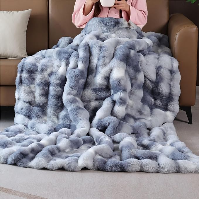 Faux Fur Thick Tie-dye Blue Fluffy Throw Blanket for Couch Bed 50x60 Fuzzy Soft Blanket for Adults Women Gift Home Living Room Decor 860 GSM