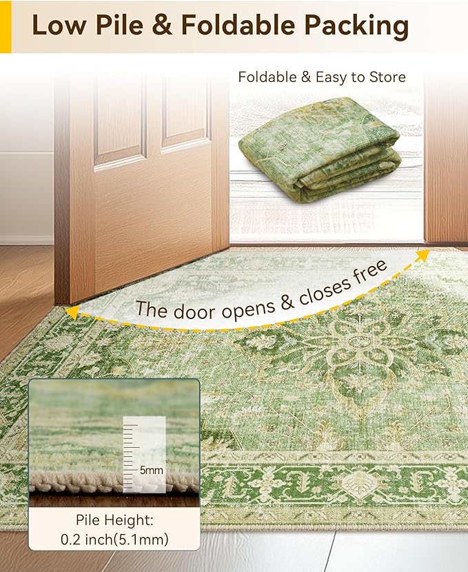 Area Rugs 2'x10' Washable Non-Slip, Floral Vintage Distress Print Pattern Medallion Carpet for Living Room Bedroom Dining Room, Sage Green Yellow