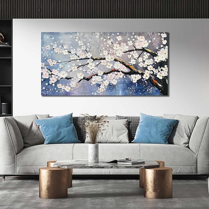 White Flowers Hand Painted Wall Art For Office Women Blue Wall Decor For Bedroom Aesthetic Family Wall Decor For Living Room Size 24 x 47 Inch