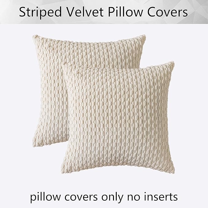Kevin Textile Pack of 2 Corduroy Decorative Throw Pillow Covers 22x22 Inch Soft Boho Striped Pillow Covers Modern Farmhouse Home Decor for Spring Sofa Living Room Couch Bed Cream White