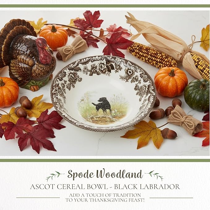 Spode Woodland Hunting Dogs, Black Labrador 8" Cereal Bowl - Fine Earthenware Tableware, Dishwasher & Microwave Safe, Warm Oven Ready Dish, Made in England - Holiday Dining & Gift