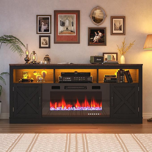 Farmhouse TV Stand with 36" Fireplace for 80" TV, 70" Entertainment Center with Barn Doors and LED Light, Tall Fireplace TV Stands for Living Room, Black