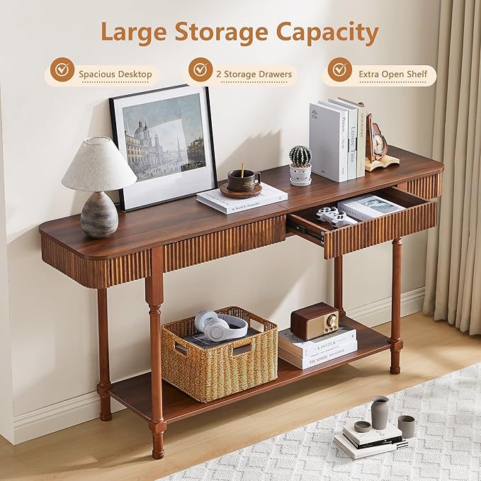 63”Console Table with 2 Drawers,Retro Entryway Table with Fluted Panel & Storage Shelf,Narrow Long Behind Couch Tables Accent Sofa Table with Solid Wood Legs for Living Room Foyer Hallway(Walnut)