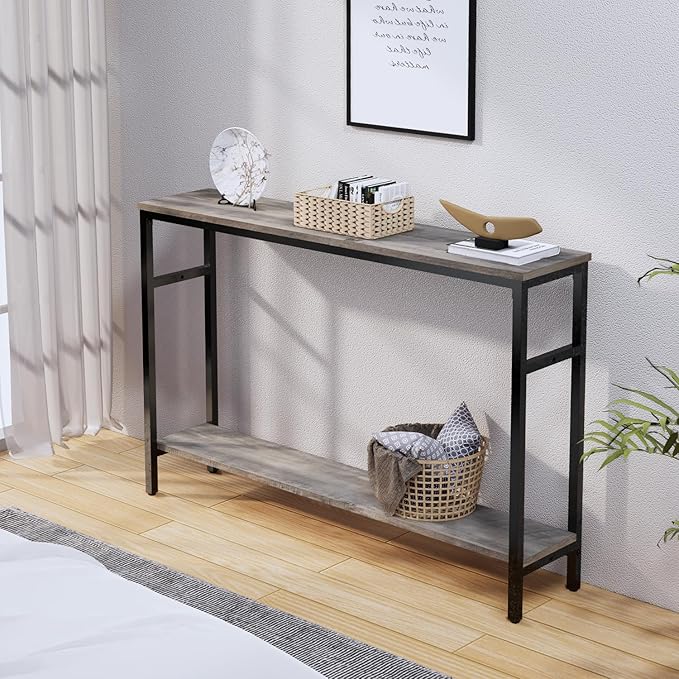 Narrow Console Table, 47 Inch Sofa Table with Adjustable Shelf, 2-Tier Long Skinny Table for Hallway, Entryway, Living Room, Foyer, Grey