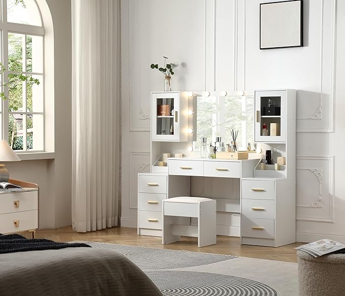 Extra Large Vanity with Folding Up Mirror and Lights,58.3'' Makeup Vanity Desk with Mirror and Lights,Outlet, Chair and Two Makeup Organizers,Dressing Table for Bedroom,White