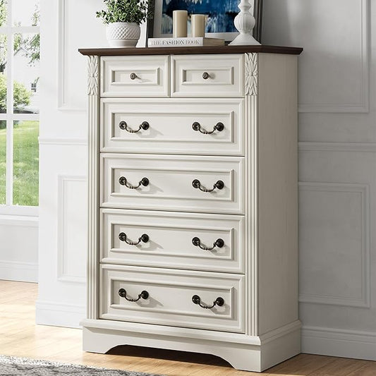 Modern 6 Drawers Dresser for Bedroom, White Farmhouse Dressers, 47" Tall Chest of Drawers w/Carved Wood Pilasters, Wood Closet Organizers and Storage Cabinet for Bedroom, Living Room
