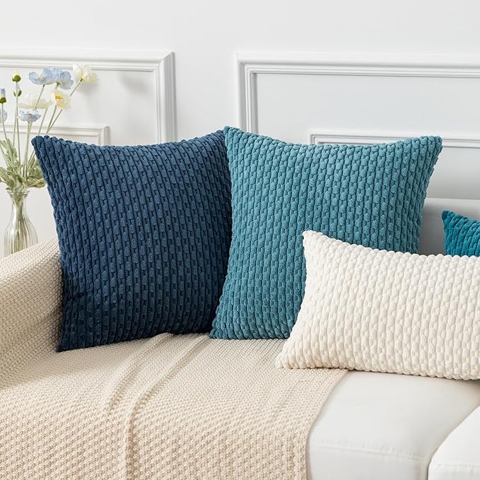 Kevin Textile Throw Pillow Covers Soft Corduroy Decorative Set of 2 Boho Striped Pillow Covers Pillowcases Farmhouse Home Decor for Couch Bed Sofa Living Room 20x20 Inch Light Blue