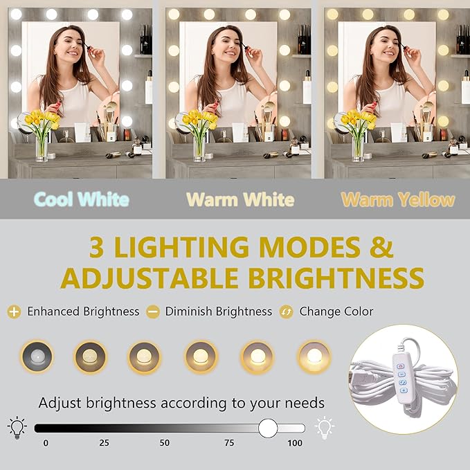 Vanity Desk with Mirror and Lights, Makeup Vanity Table Set with 5 Storage Drawers, Power Outlet & Chair, Small Dressing Table with RGB Ambient Light, Adjustable Brightness for Girls Bedroom, Grey