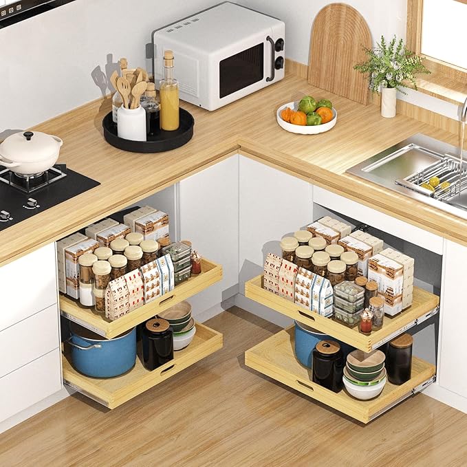 Pull Out Cabinet Organizer, Soft Close Wooden Drawer Storage Shelves for Kitchen, Durable Base Cabinet Solution for Pantry (30”W*21”D)