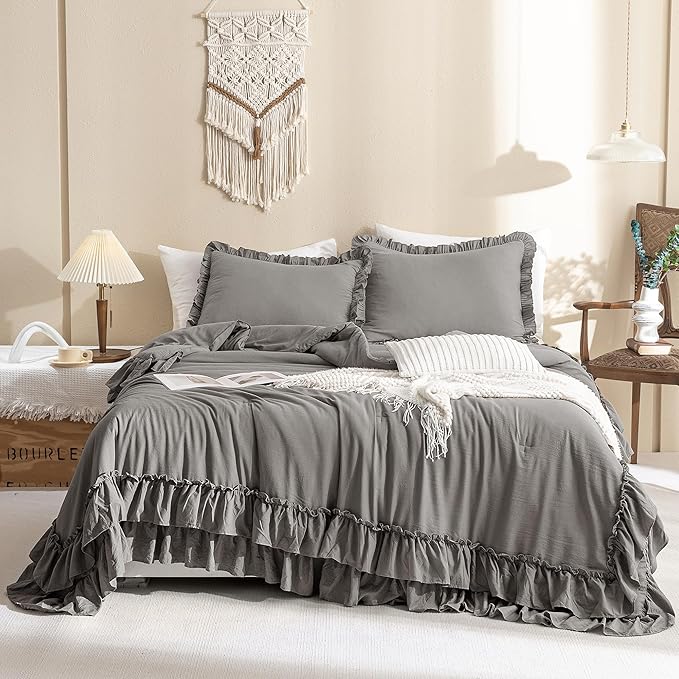 QSH Shabby Grey Ruffled Chic Comforter Queen Size, Farmhouse Boho Bedding Comforter Sets, 3 Pieces All Season Microfiber Inner Fill Bedding, Ultra Soft Lightweight Comforter Queen for Bed