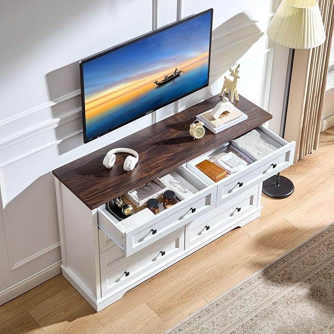 SOOWERY Dresser for Bedroom, Farmhouse Dresser with 8 Wooden Drawers and Storage Cabinet, 55 Inches Wide Chest of Drawers for Bedroom, Living Room, Hallway, White