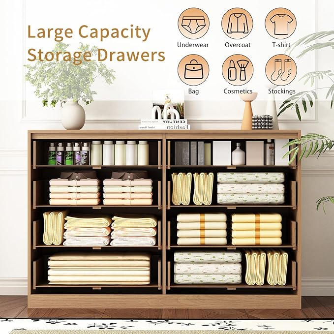 8 Drawer Dresser for Bedroom, Modern Fluted Double Dresser, 55" Wide Chest of Dressers, Mid Century Wooden Beside Table for Closet, Living Room and Entryway, Natural