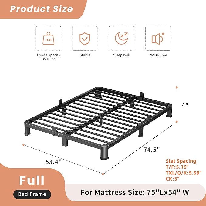 4 Inch Full Heavy Duty 3500 lbs Bed Frame with Round-Corner Legs & Anti-Squeak Design – Quick Assembly Metal Platform, No Box Spring Needed