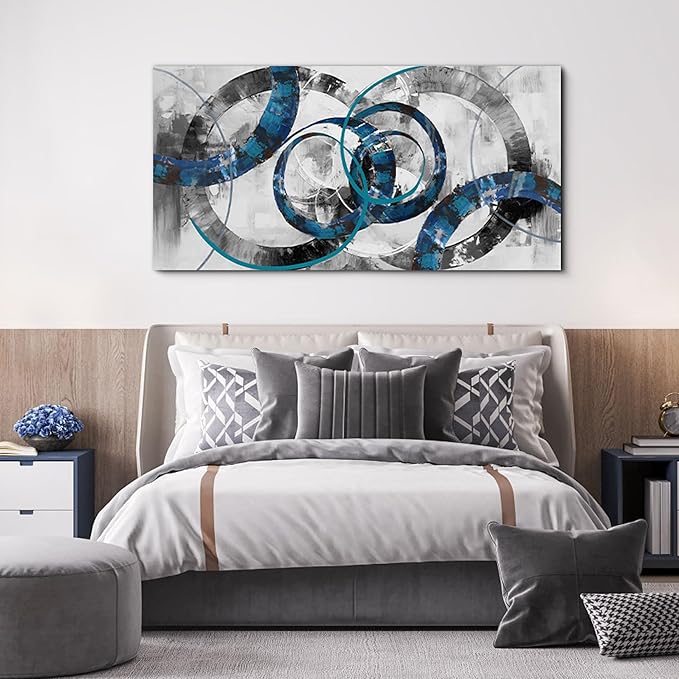 XLSJERST Blue Abstract Canvas Wall Art - Modern Art Wall Decor Wall Pictures for Living Room Bedroom Office Gray and White Paintings Artwork for Wall Size 24x48 Inches