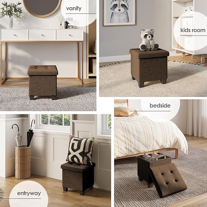 STORAGEBUD Storage Ottoman Cube with Small Bin, 15-in Square Ottoman with Storage for Living Room and Bedroom, Small Ottomans Foot Rest, Velvet Foot Stools Ottomans Max 330lbs, Brown