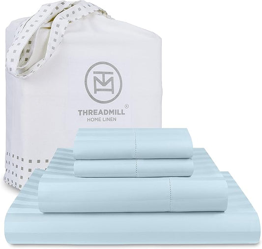 Threadmill 500 Thread Count Queen Size Damask Stripe, 4 Pc Luxury Cotton Bedding Set, Silky Smooth Light Blue Sheets with 16" Elasticized Deep Pocket, 2 Pillowcases & Free Tote Bag