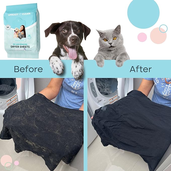 Uproot Clean Dryer Sheets Pet Hair Reducing - Pet Hair Remover for Laundry - Breaks Static Bonds and Prevents Dog and Cat Fur from Sticking to Clothes - Softens, Freshens, & Reduces Wrinkles - 50ct