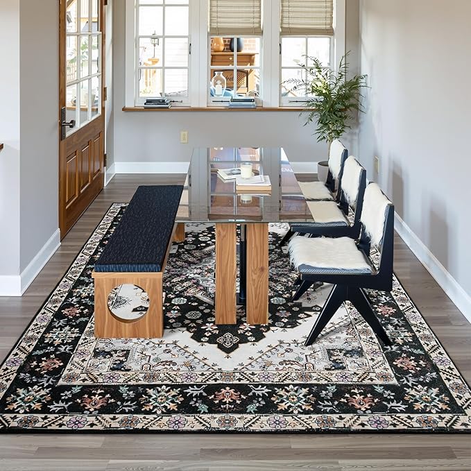 Living Room Rug 6x9 Rug, Machine Washable Area Rug Non Slip Low Pile Rug for Living Room, Bedroom, Farmhouse, Dining Room, Black