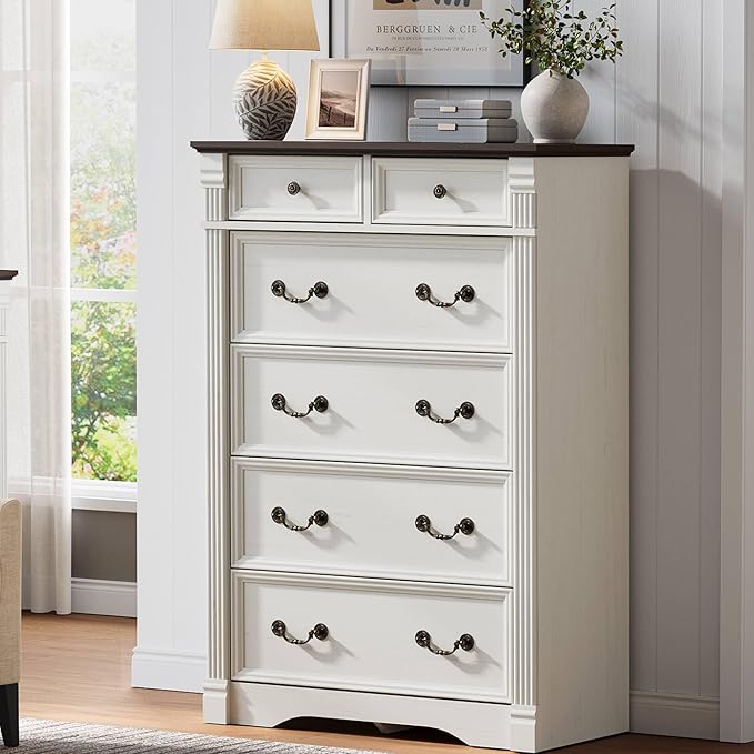Yaamizz Farmhouse Dresser for Bedroom, 47" Tall 6 Drawer Dresser Storage with Wood Pilasters and Metal Handles, Vintage Design, Drawer Organizer for Bedroom, Hallway, White